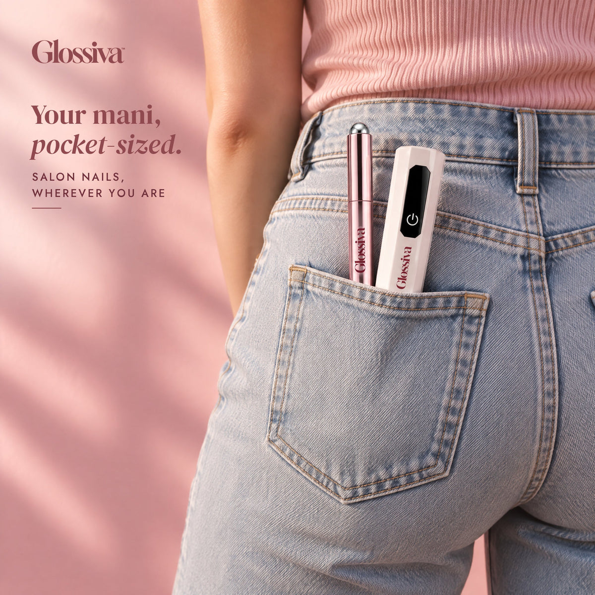 Glossiva gel pen and mini lamp in a back jeans pocket