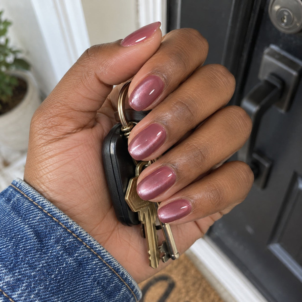 Ebony Rose cat-eye nails holding house keys at the front door