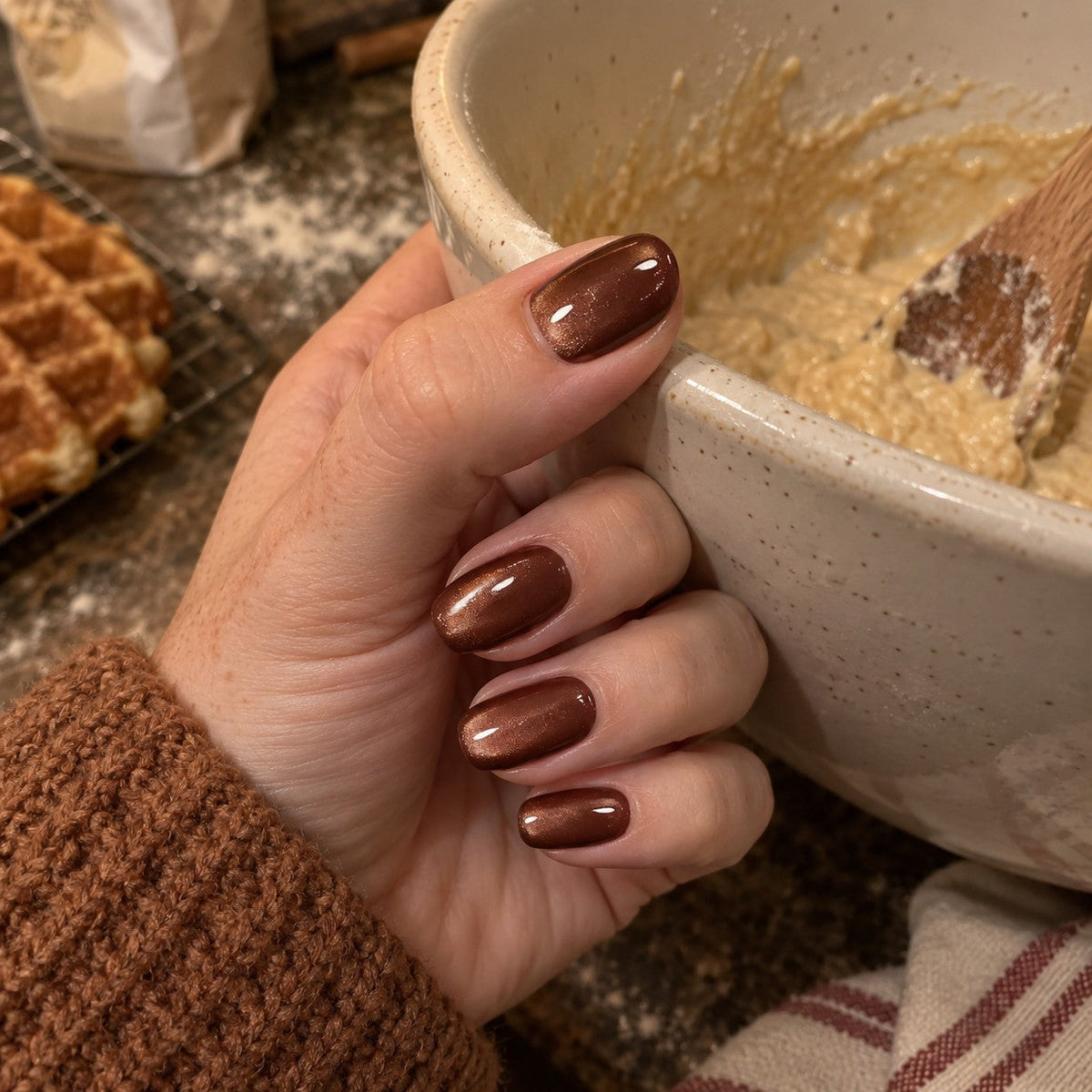 Truffle cat-eye nails holding a mixing bowl while baking
