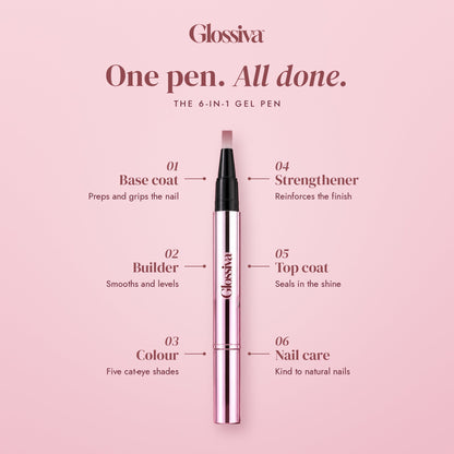 Glossiva 6-in-1 gel pen: base coat, builder, colour, strengthener, top coat, nail care