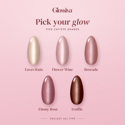 Five Glossiva cat-eye gel shades from Eaves Rain to Truffle