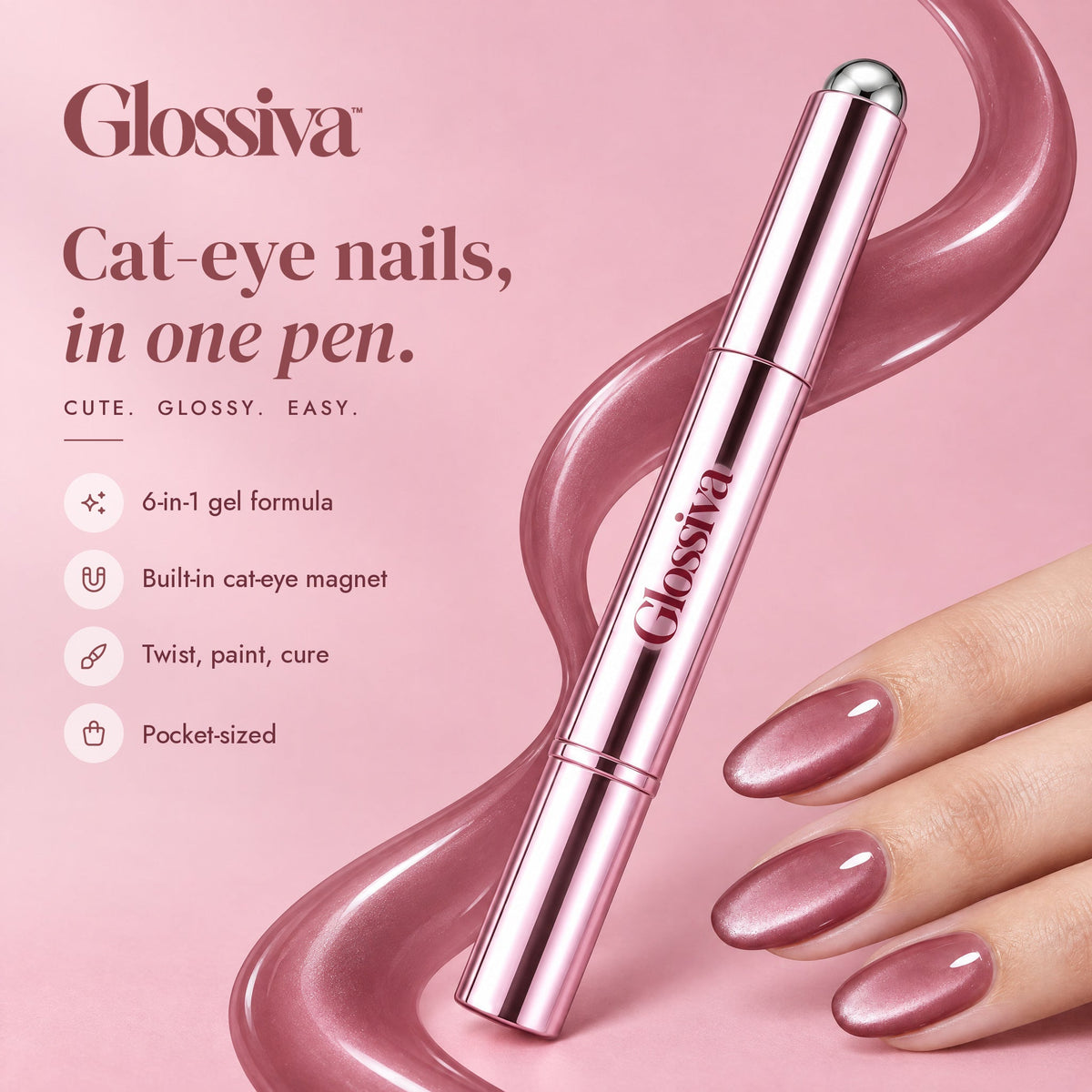 Glossiva cat-eye gel pen with glossy mauve cat-eye nails