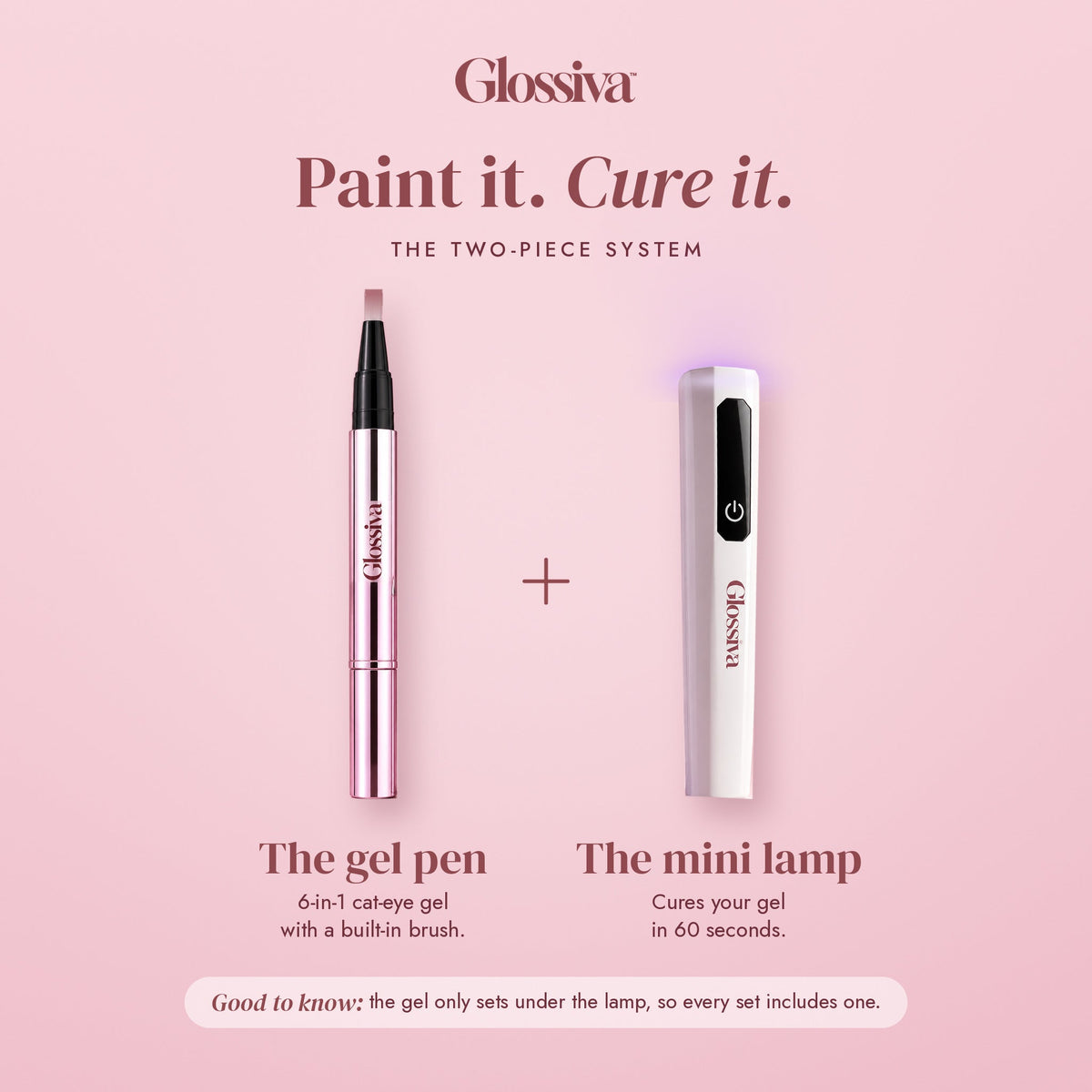 Glossiva gel pen and mini UV lamp, included in every set
