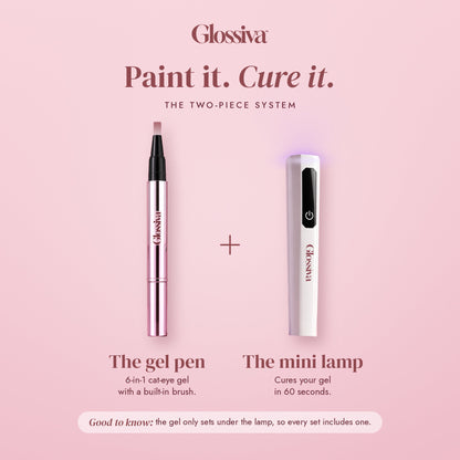 Glossiva gel pen and mini UV lamp, included in every set