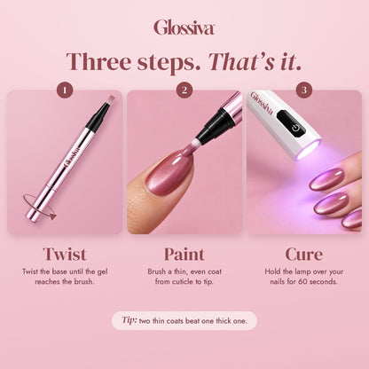 How to use the Glossiva gel pen: twist, paint and cure for 60 seconds